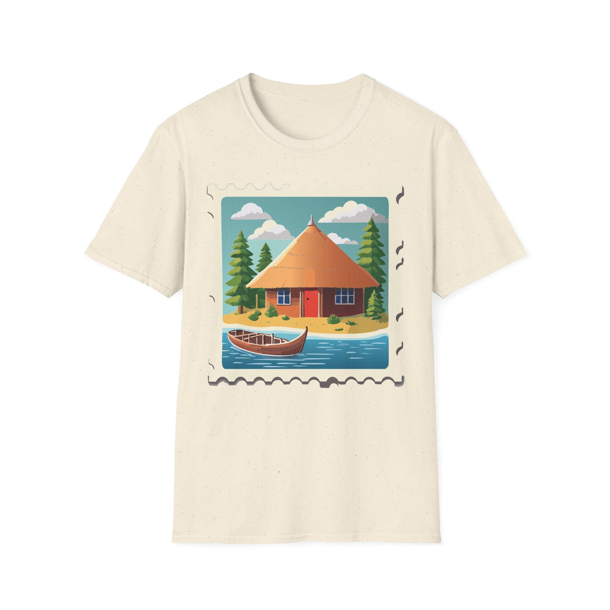 Cozy Lakeside Cottage Illustration T-Shirt | Retro Stamp Artwork