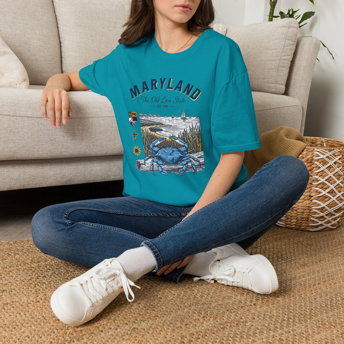 Maryland Blue Crab Scenic T-Shirt — The Old Line State Coastal Design Travel Tourist Graphic Design Unisex 100 Cotton Gildan T-Shirt