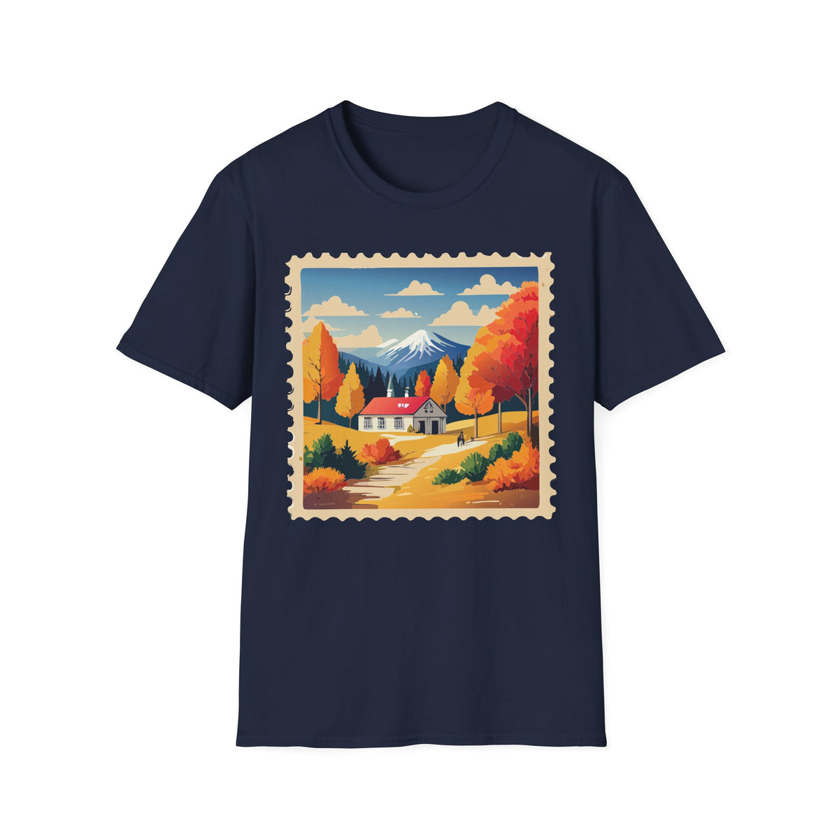 Autumn Mountain Cabin T-Shirt | Fall Landscape Stamp Art