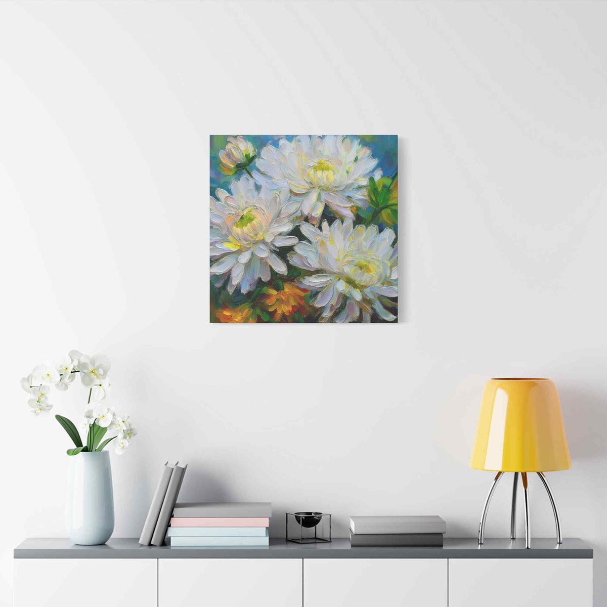 Chrysanthemums Print Canvas, Floral Oil Paint Print 20x20, 24x24, 30x30, 32x32, 36x36 Art Design Pine-Wood Inner Frame MC-161