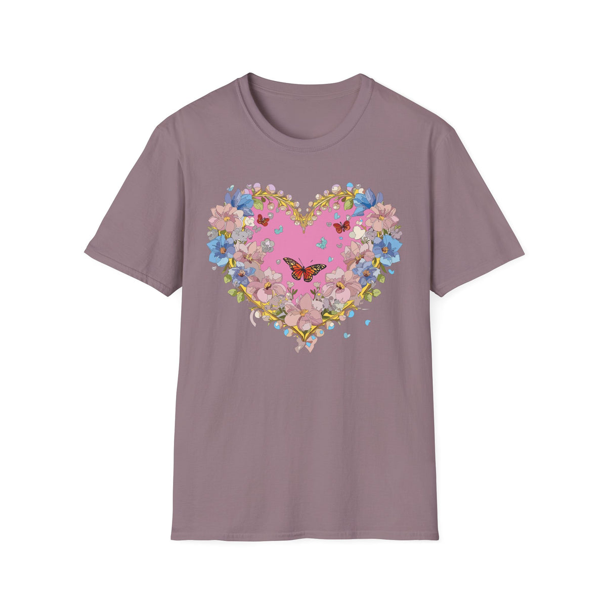 Floral Heart with Butterfly T-Shirt | Pink Bloom Love Graphic Tee Unisex 100 Cotton Gildan T-Shirt