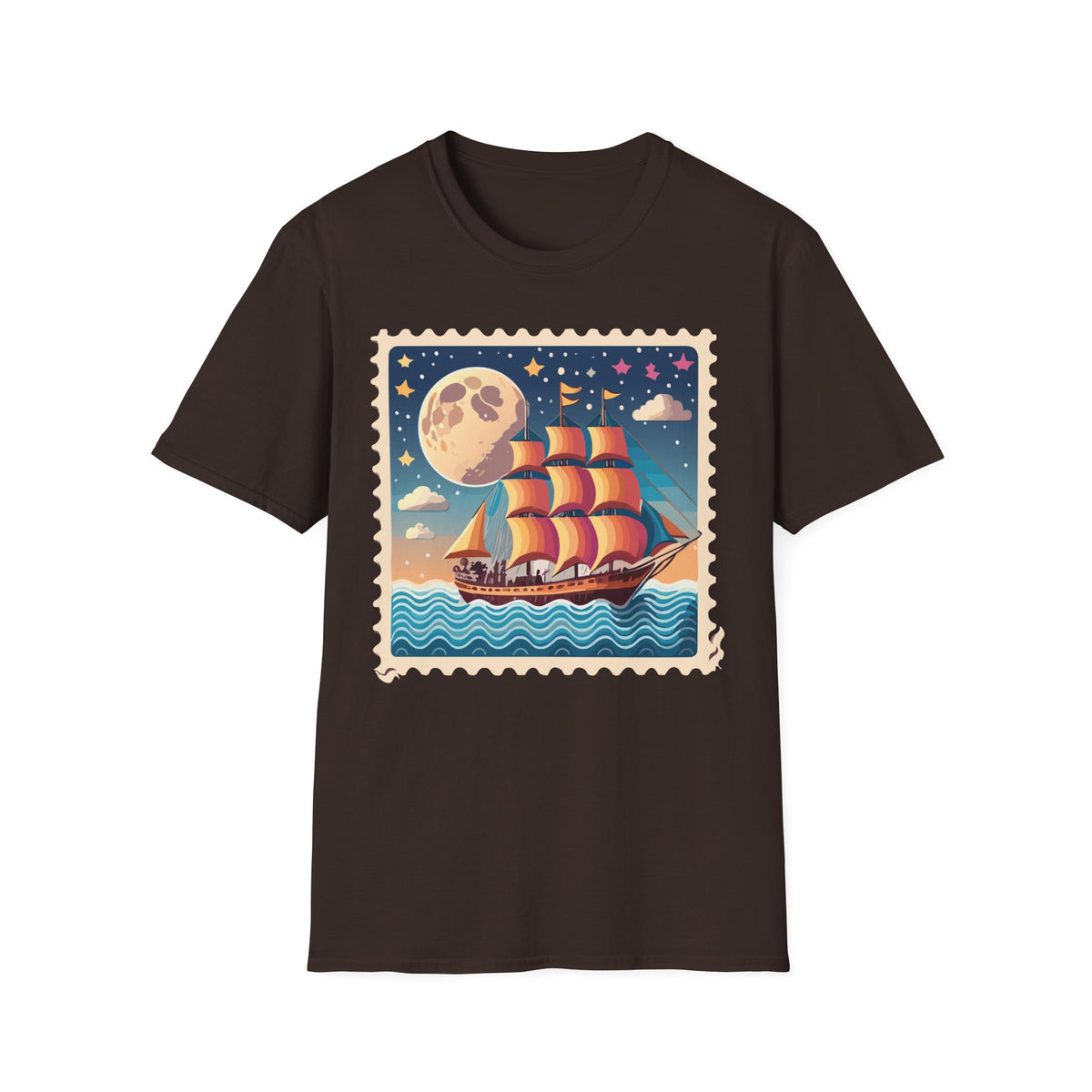 Vintage Sailboat Moon Illustration T-Shirt | Nautical Night Sky