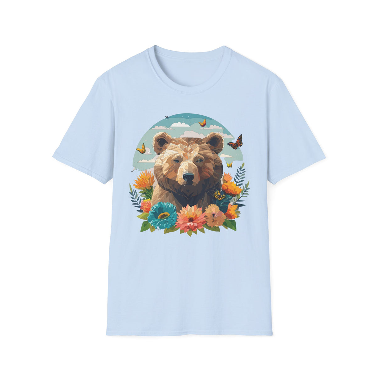 Brown Bear Illustration T-Shirt | Floral, Butterflies, Nature Scene Graphic Tee Unisex 100 Cotton Gildan T-Shirt