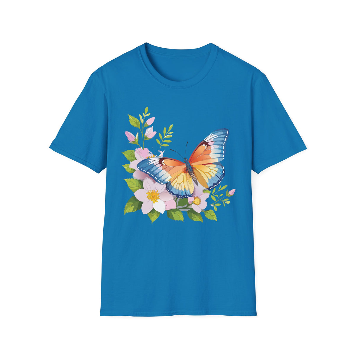 Butterfly Floral T-Shirt — Watercolor Orange & Blue Butterfly on Blossoms Graphic Design Unisex 100 Cotton Gildan T-Shirt