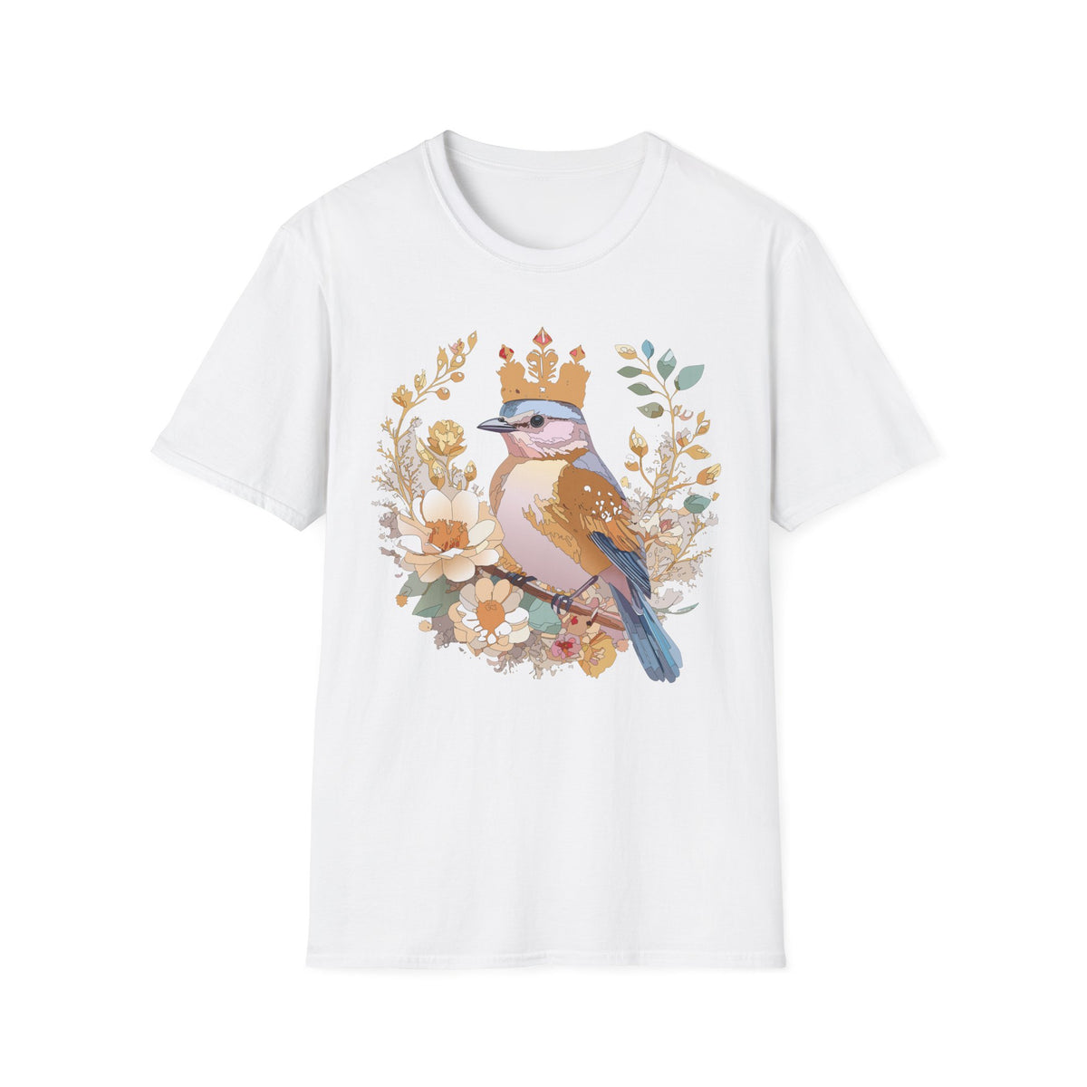 Crowned Blue Jay Bird Floral Illustration T-Shirt | Nature Bird Tee