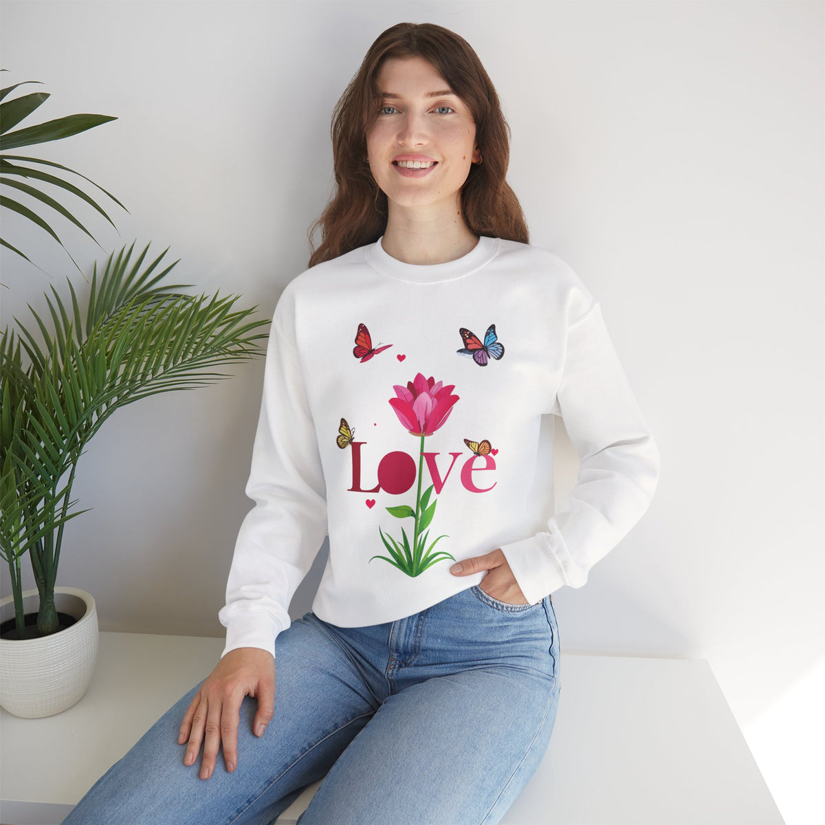 Unisex Floral Love Sweatshirt, Love Floral Sweatshirt, Floral Butterfly Sweatshirt, 50/50 Cotton-Poly Valentine's Day Sweatshirt 02