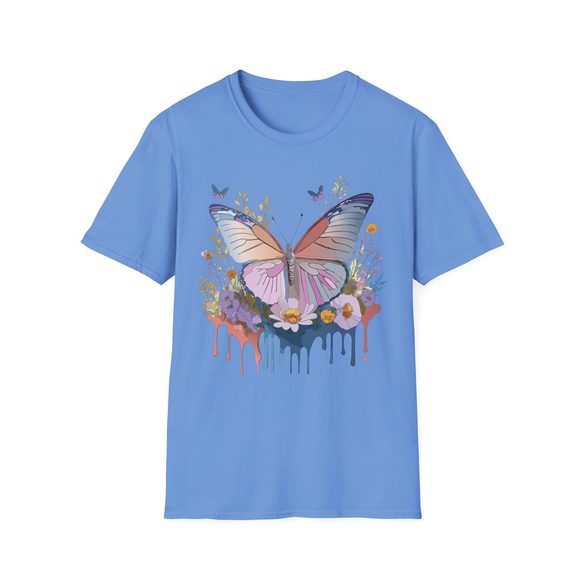 Butterfly Floral T-Shirt — Pastel Watercolor Wings with Drip Art Graphic Tee Unisex 100 Cotton Gildan T-Shirt
