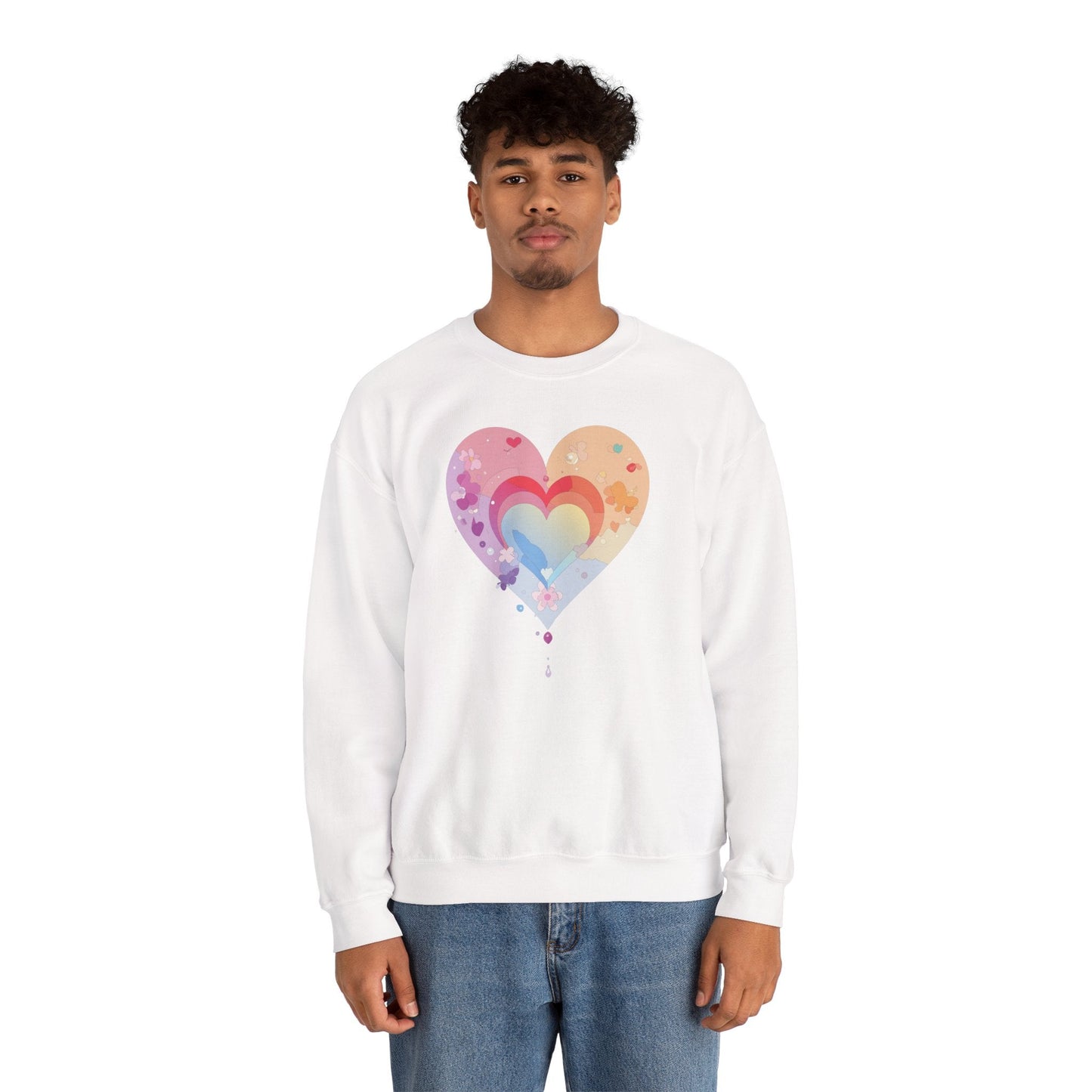 Rainbow Heart Floral Sweatshirt Unisex Valentines Day Gift Cozy Crewneck Sweatshirt