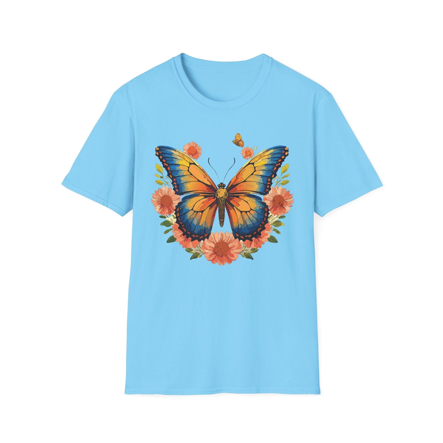 Butterfly T Shirt Unisex Softstyle Gildan 64000 Monarch Print 100 Percent Ring Spun Cotton