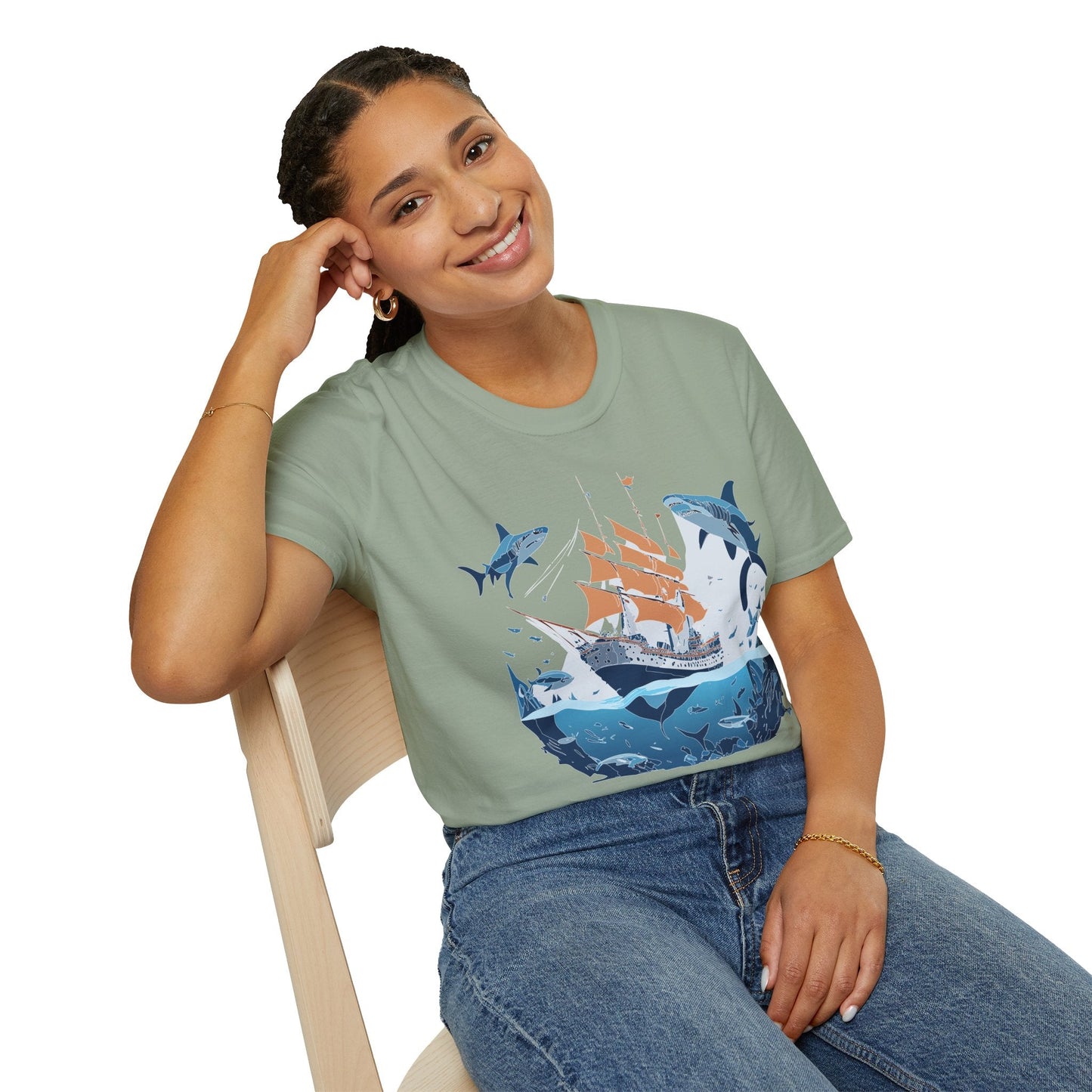 Ocean Tee Shirt Unisex Gildan Softstyle 64000 Ring Spun Cotton Art Print Graphic Ocean Design