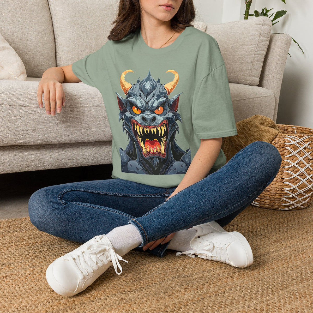 Demonic Monster Face T-Shirt — Fierce Horned Demon Cartoon Graphic Tee Unisex 100 Cotton Gildan T-Shirt