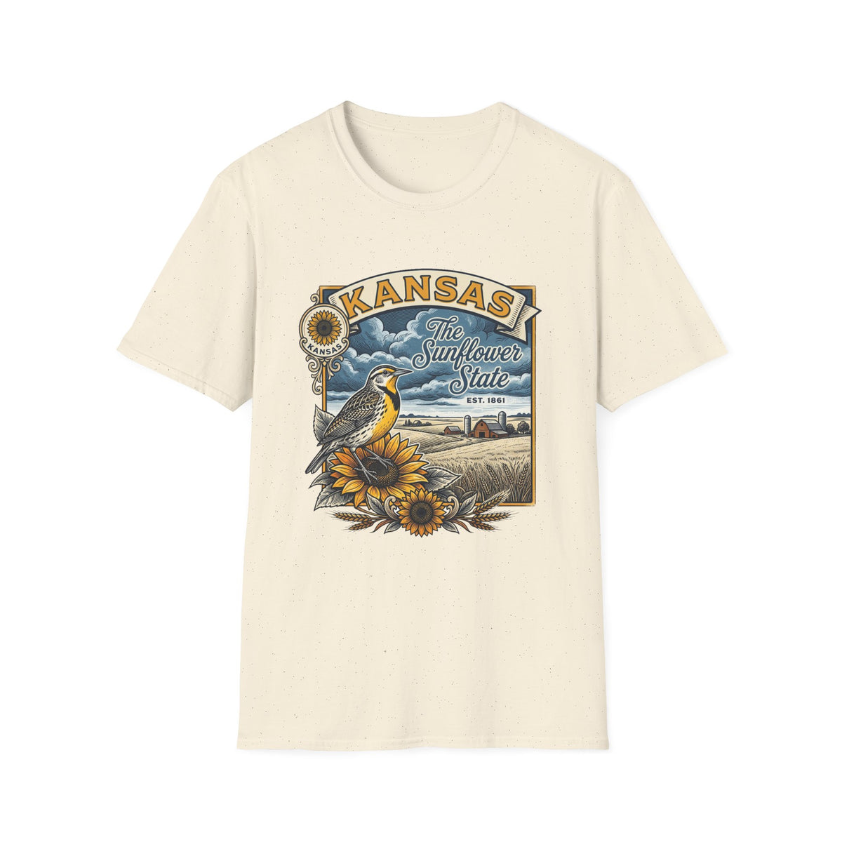 Kansas Sunflower State T-Shirt | Meadow Bird Vintage Travel Tourist Graphic Design Unisex 100 Cotton Gildan T-Shirt