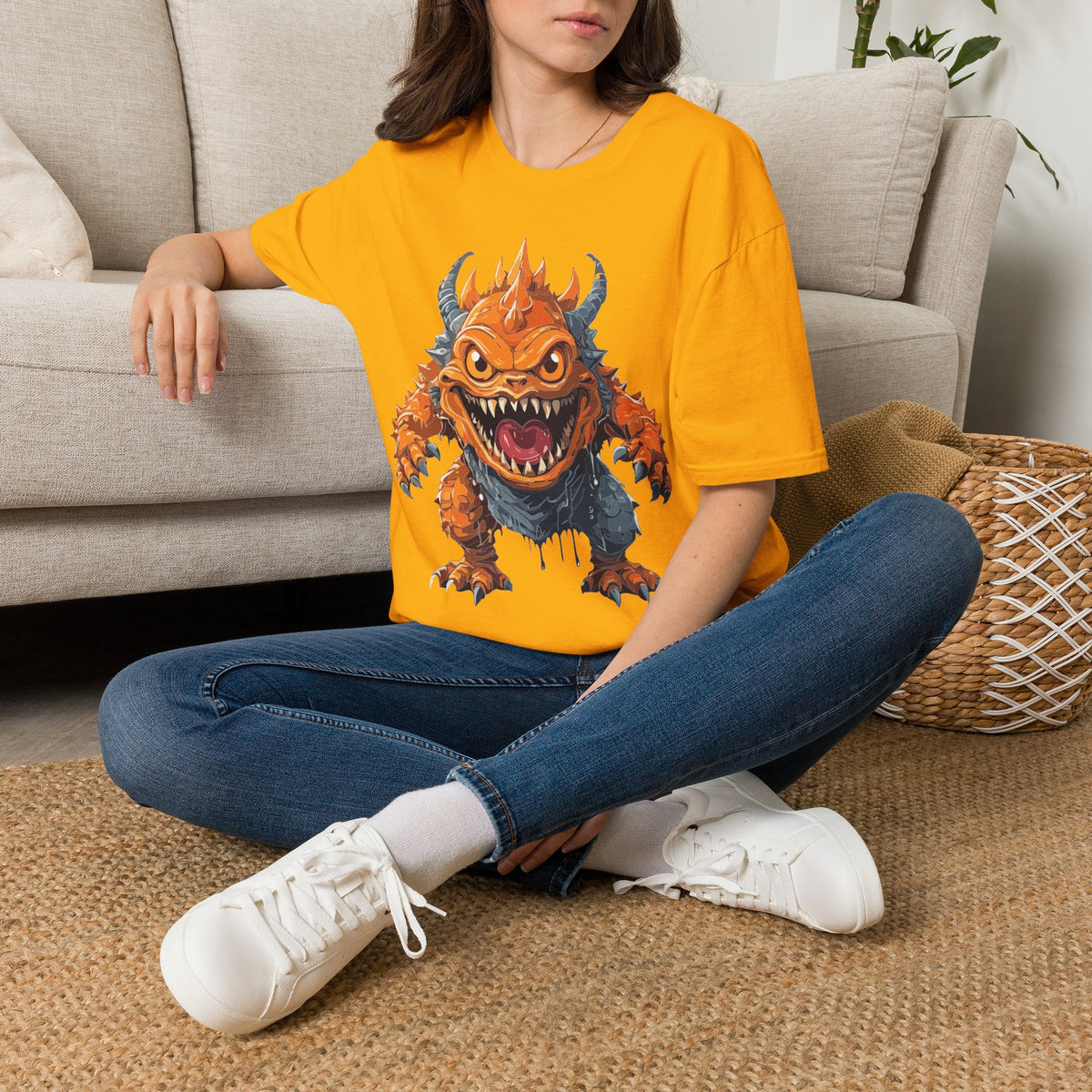 Monster Graphic T-Shirt — Fierce Orange Demon Creature Design Cartoon Graphic Tee Unisex 100 Cotton Gildan T-Shirt