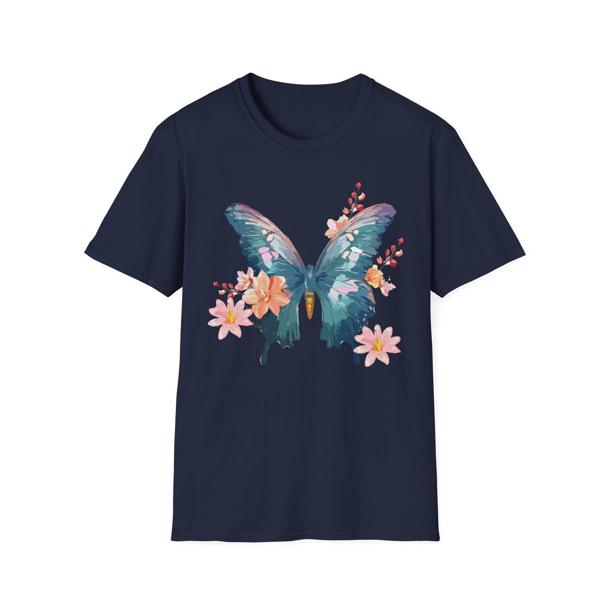 Watercolor Blue Butterfly T-Shirt | Floral Accent Graphic Tee Unisex 100 Cotton Gildan T-Shirt