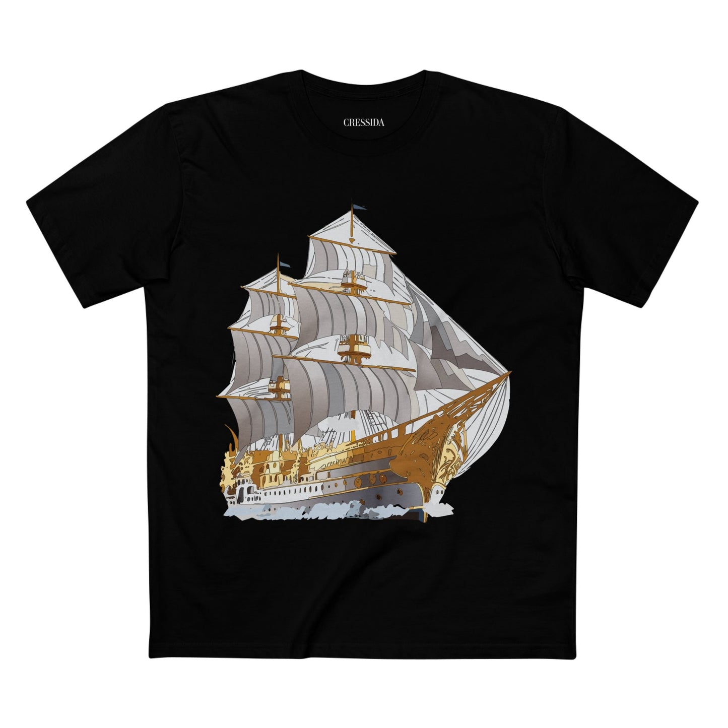 Ship Graphic Unisex 100 Cotton T-Shirt with Gold Frigate Art Design 15