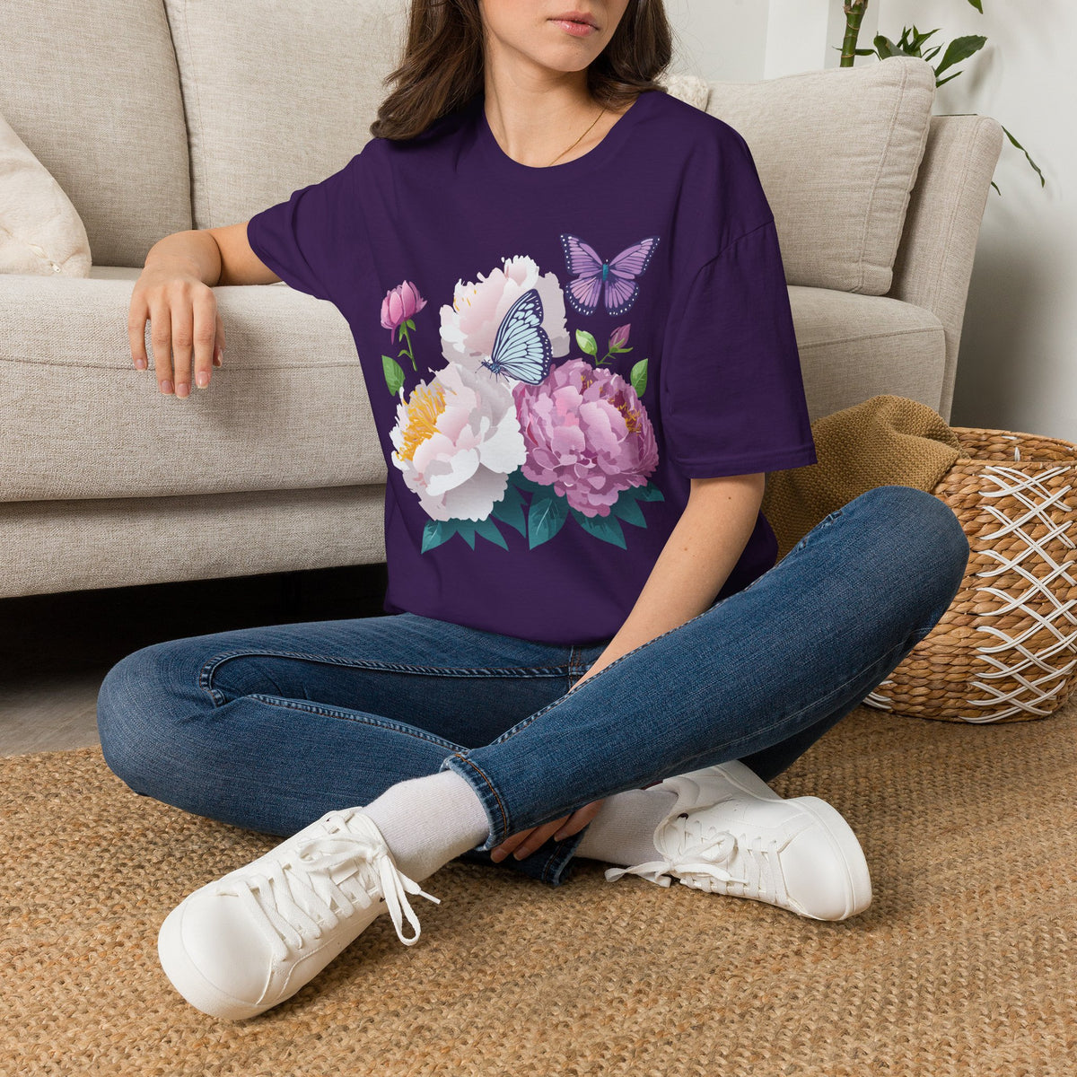 Floral Peonies & Butterflies T-Shirt — pastel garden tee for spring, Mother's Day Graphic Tee Unisex 100 Cotton Gildan T-Shirt