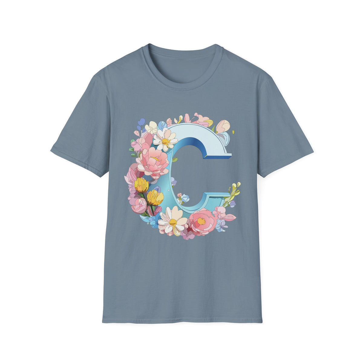 Floral Letter C T-Shirt | Blue Monogram Initial Tee