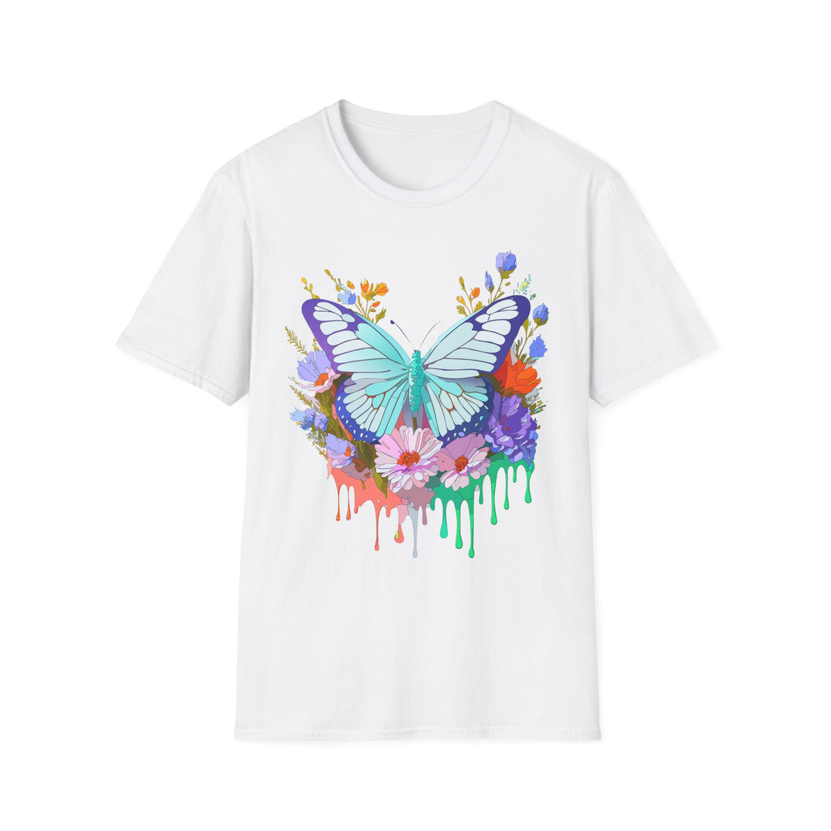 Butterfly Floral Drip T-Shirt — Teal Butterfly with Watercolor Flowers Graphic Tee Unisex 100 Cotton Gildan T-Shirt