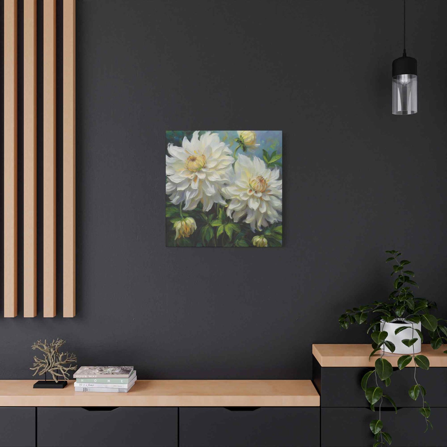 White Dahlias Print Canvas, Floral Oil Paint Print 20x20, 24x24, 30x30, 32x32, 36x36 Art Design Pine-Wood Inner Frame MC-170