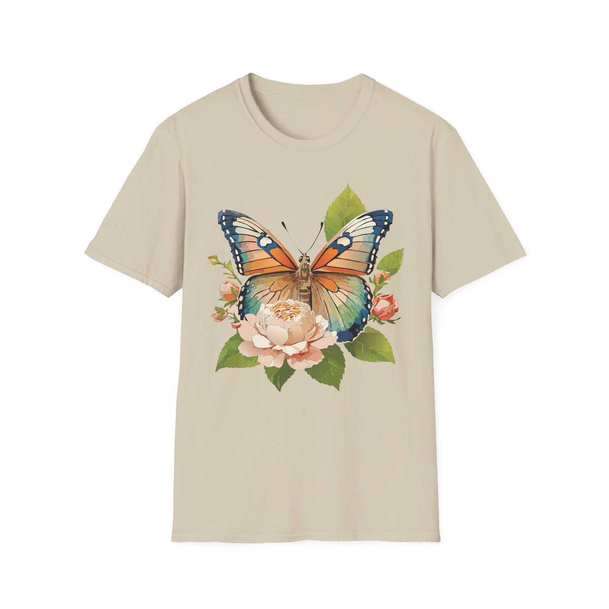 Butterfly Floral T-Shirt — Watercolor Monarch & Roses Graphic Tee Unisex 100 Cotton Gildan T-Shirt