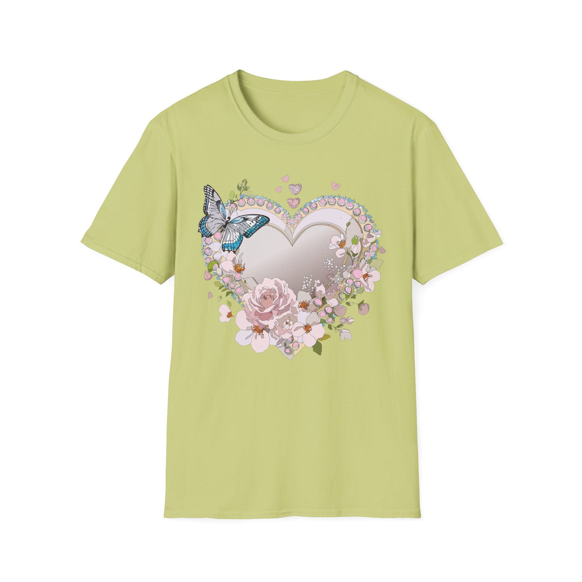 Floral Heart with Butterfly T-Shirt | Romantic Pastel Garden Graphic Tee Unisex 100 Cotton Gildan T-Shirt
