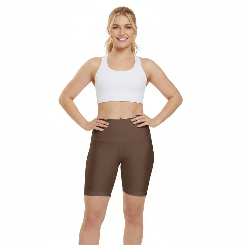 Coffee Bean Brown Women's Workout Shorts — High-Waist Athletic Bike Shorts