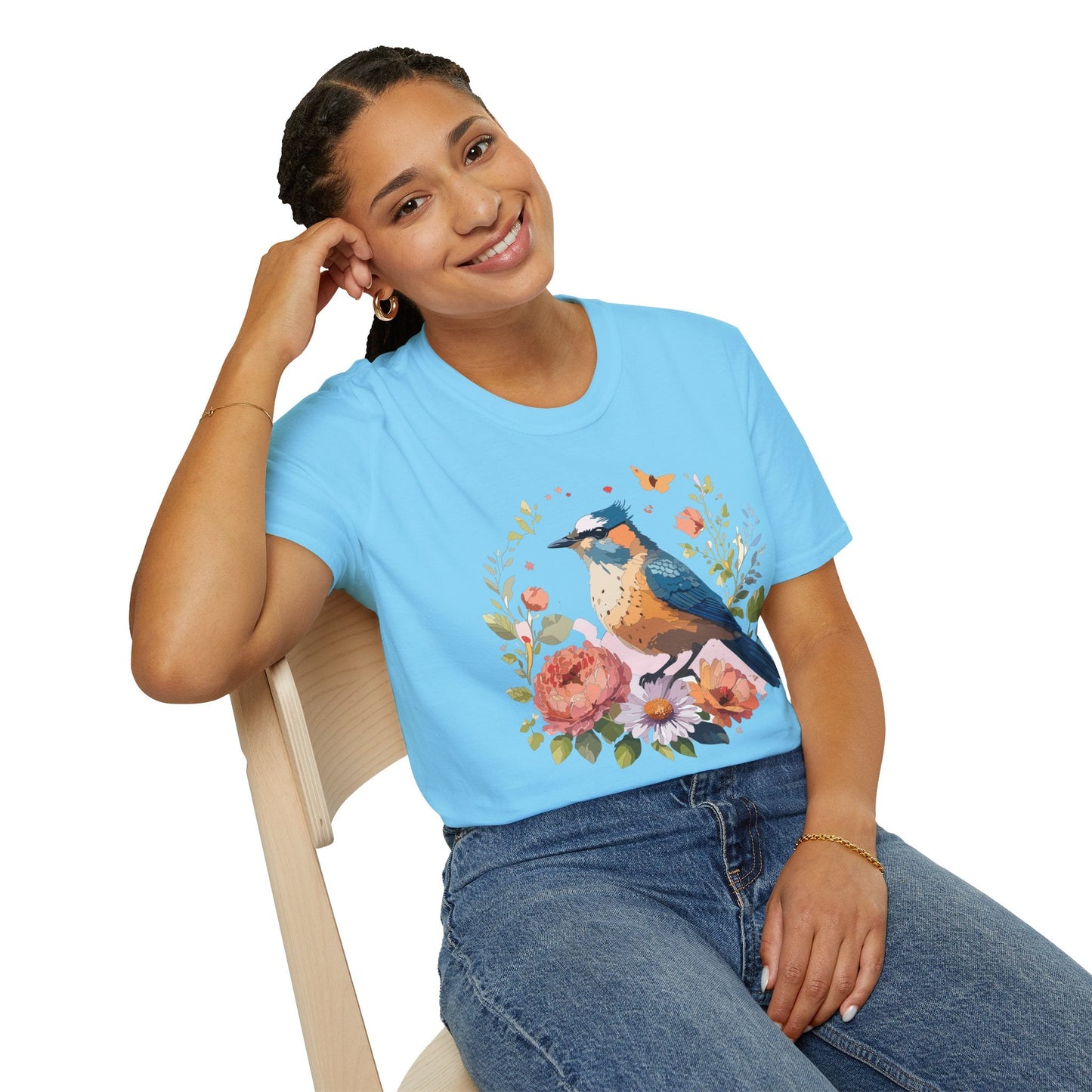 Floral Bird T Shirt Unisex Softstyle Gildan 64000 Tee 100 Percent Ring Spun Cotton