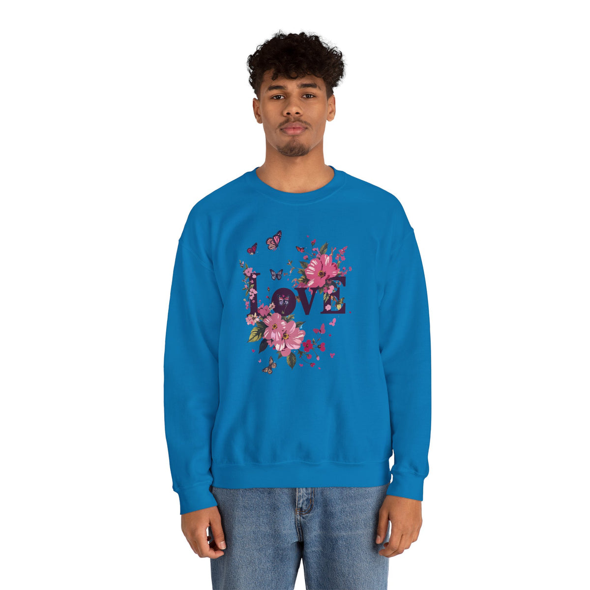 Unisex Floral Love Sweatshirt, Love Floral Sweatshirt, Floral Butterfly Sweatshirt, 50/50 Cotton-Poly Valentine's Day Sweatshirt 05