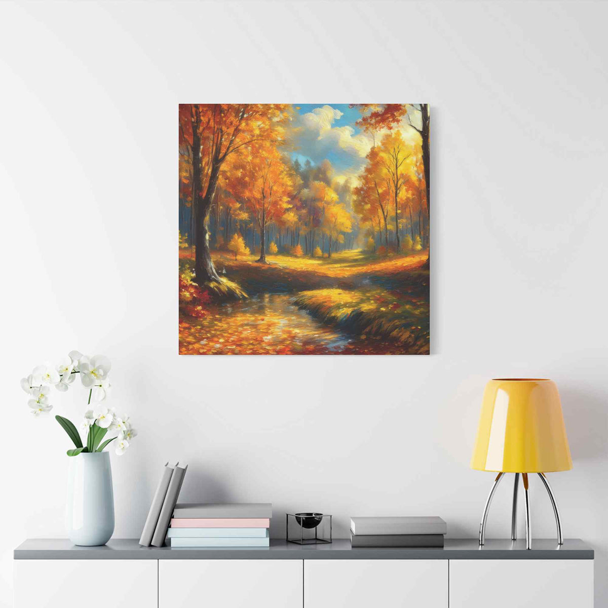 Fall Forest Print Canvas, Oil Paint Print 20x20, 24x24, 30x30, 32x32, 36x36 Art Design Canvas Pine-Wood Inner Frame MC-103