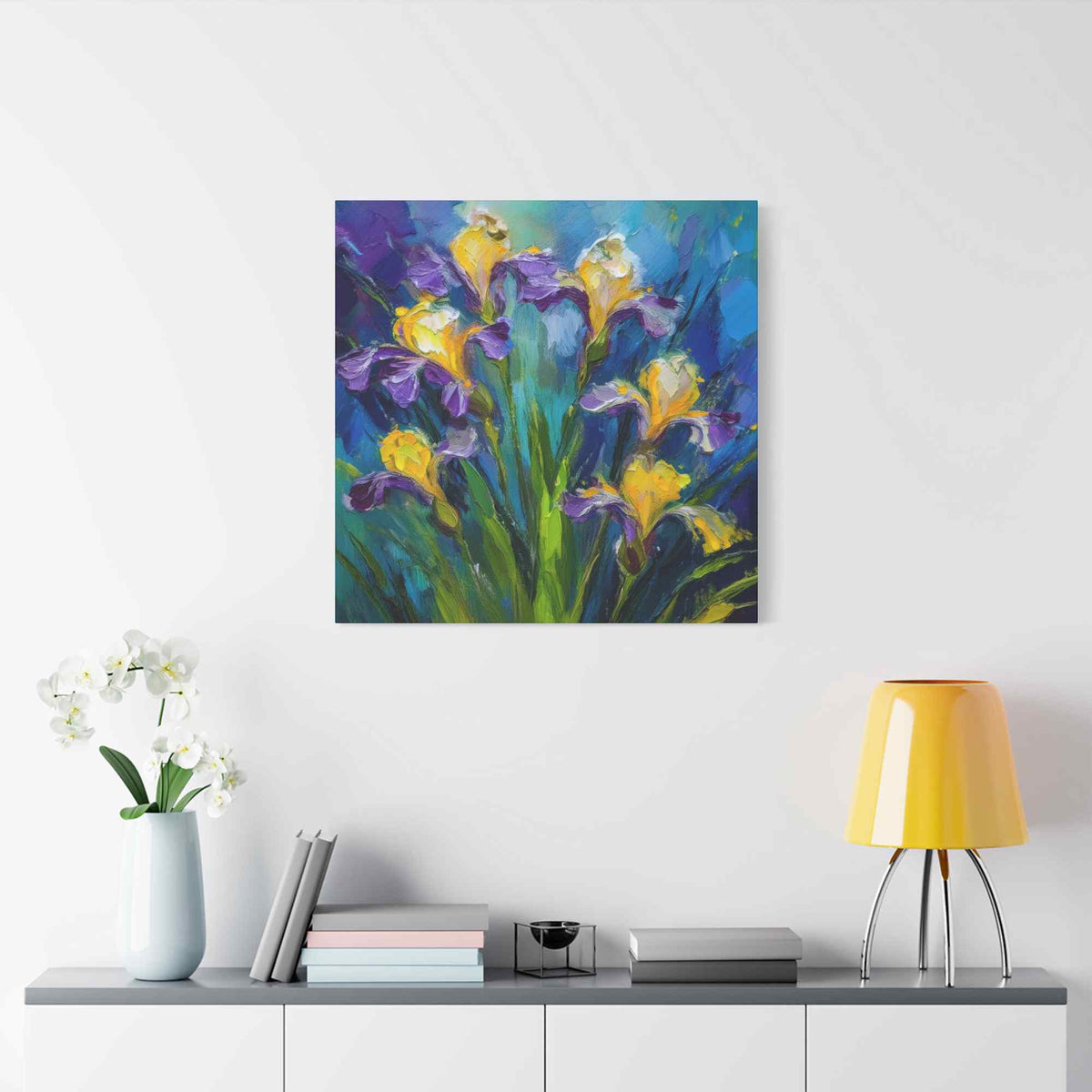 Irises Floral Print Canvas, Floral Oil Paint Print 20x20, 24x24, 30x30, 32x32, 36x36 Art Design Pine-Wood Inner Frame MC-184