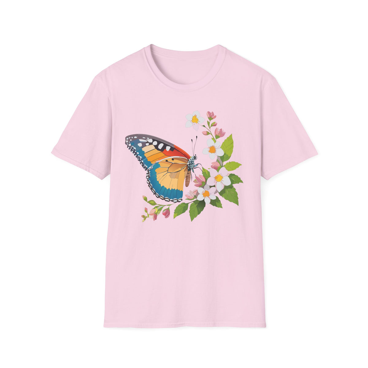 Butterfly Floral T-Shirt — Colorful Monarch with Blossoms Graphic Design Unisex 100 Cotton Gildan T-Shirt