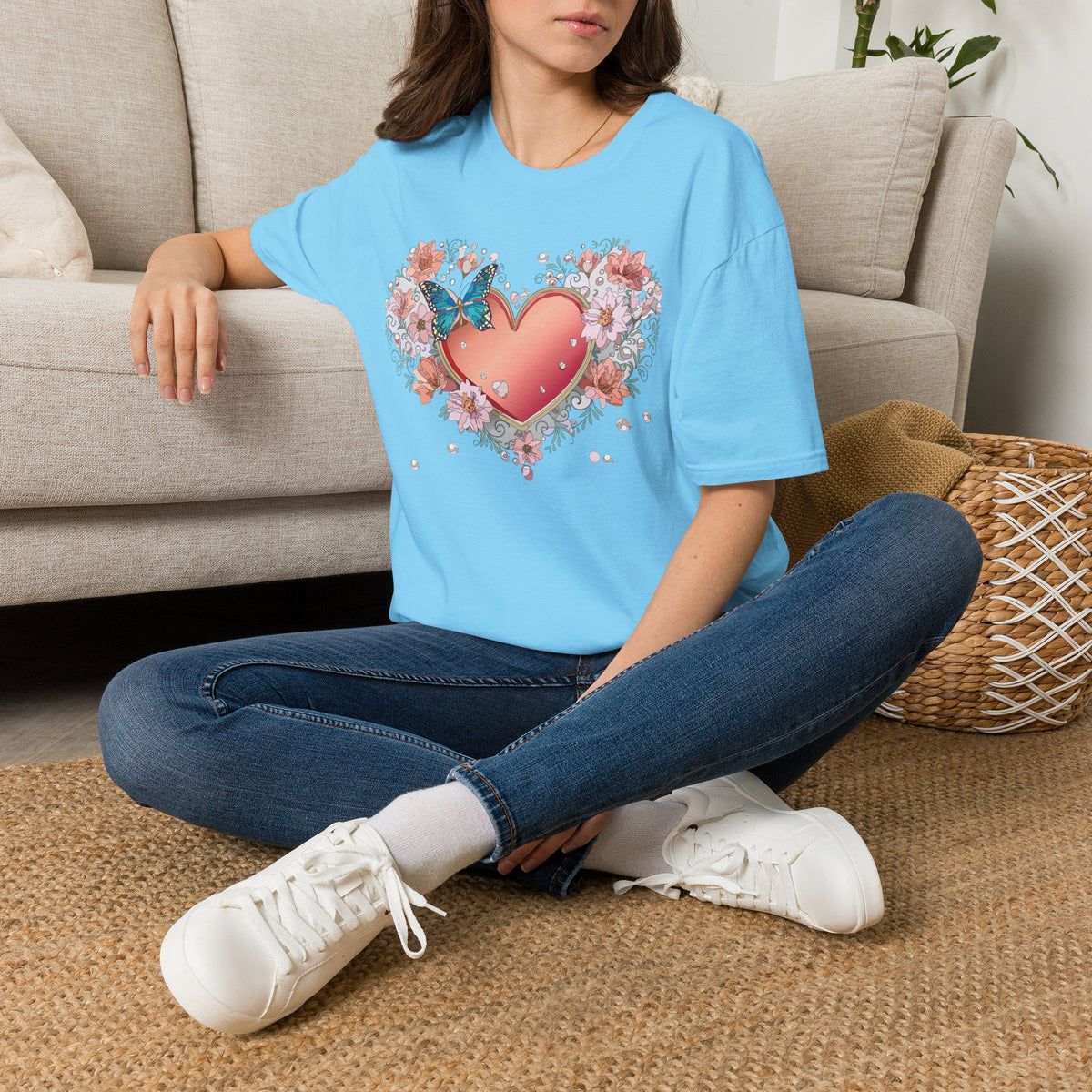 Butterfly Heart Floral Blue Butterfly Graphic Design Unisex 100 Cotton Gildan T-Shirt