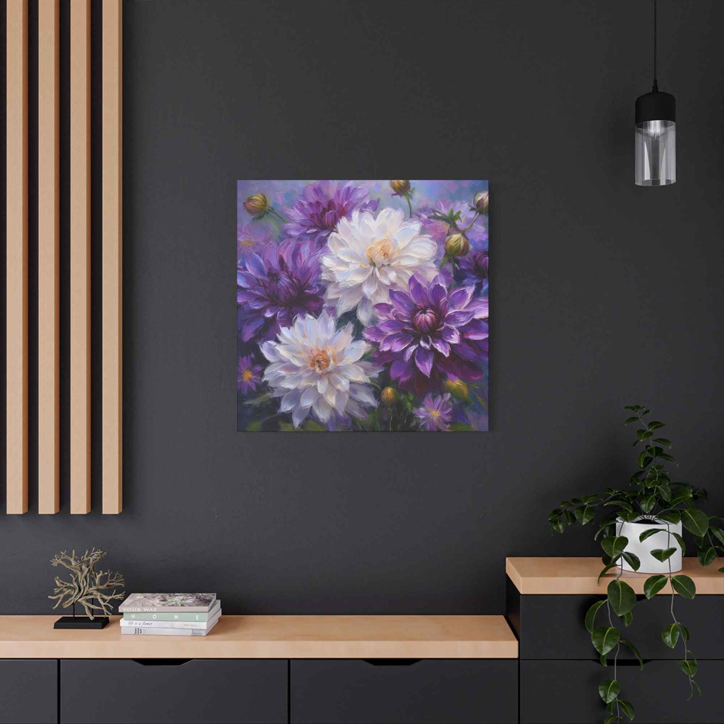 Dahlias Floral Print Canvas, Floral Oil Paint Print 20x20, 24x24, 30x30, 32x32, 36x36 Art Design Pine-Wood Inner Frame MC-171