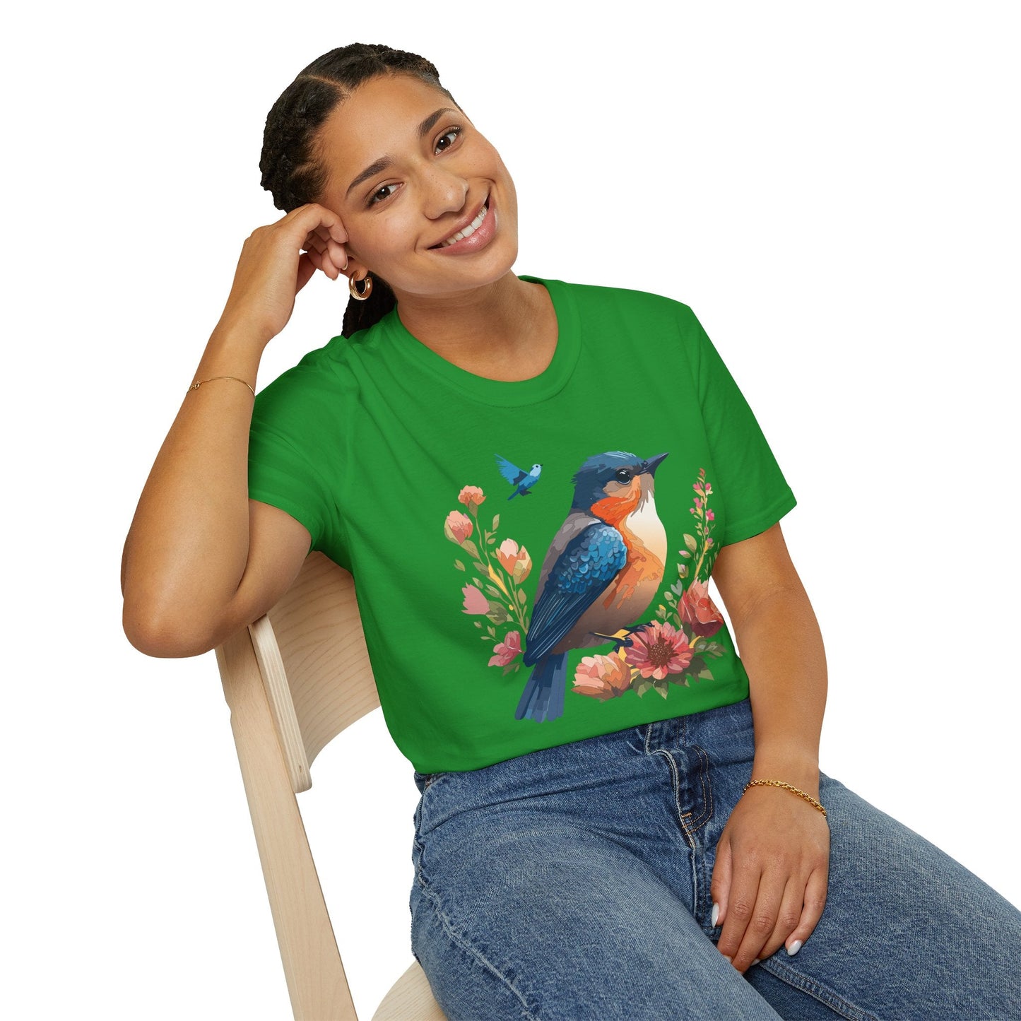 Unisex Floral Bird T Shirt Softstyle 64000 Gildan Ring Spun Cotton Tee Relaxed Fit