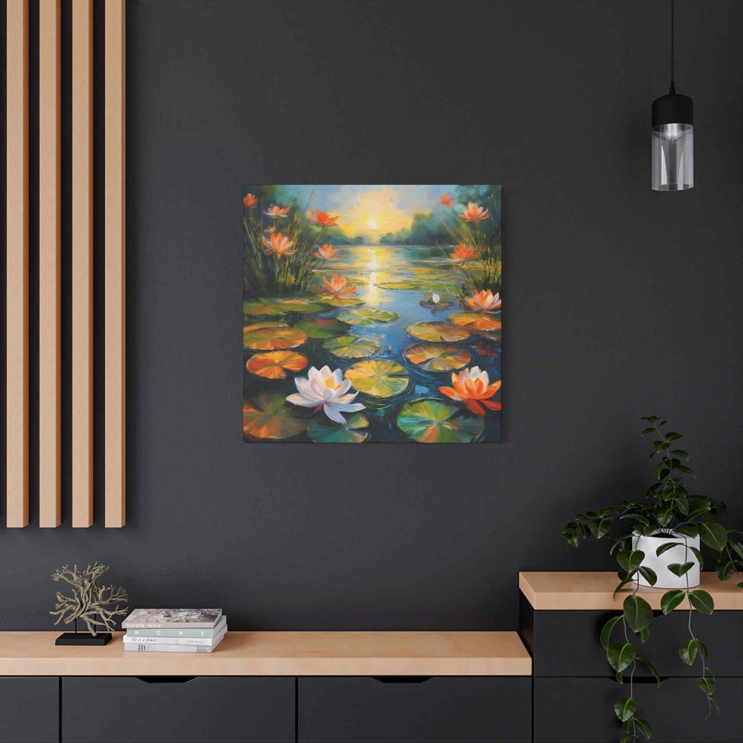 Water Lilies Print Canvas, Oil Paint Print 20x20, 24x24, 30x30, 32x32, 36x36 Art Design Print Pine-Wood Inner Frame MC-63