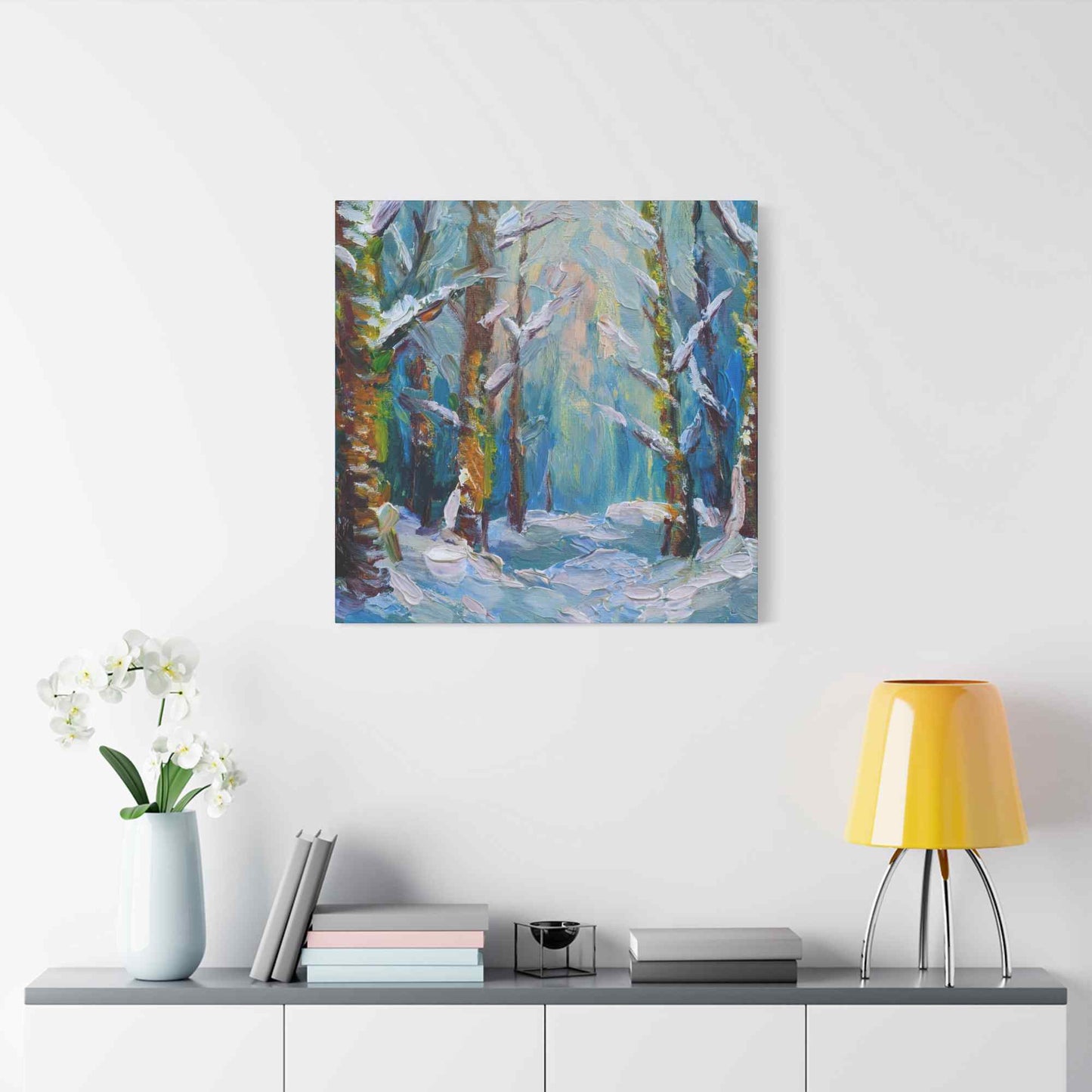 Snow Forest Print Canvas, Oil Paint Print 20x20, 24x24, 30x30, 32x32, 36x36 Art Design Print Pine-Wood Inner Frame MC-76