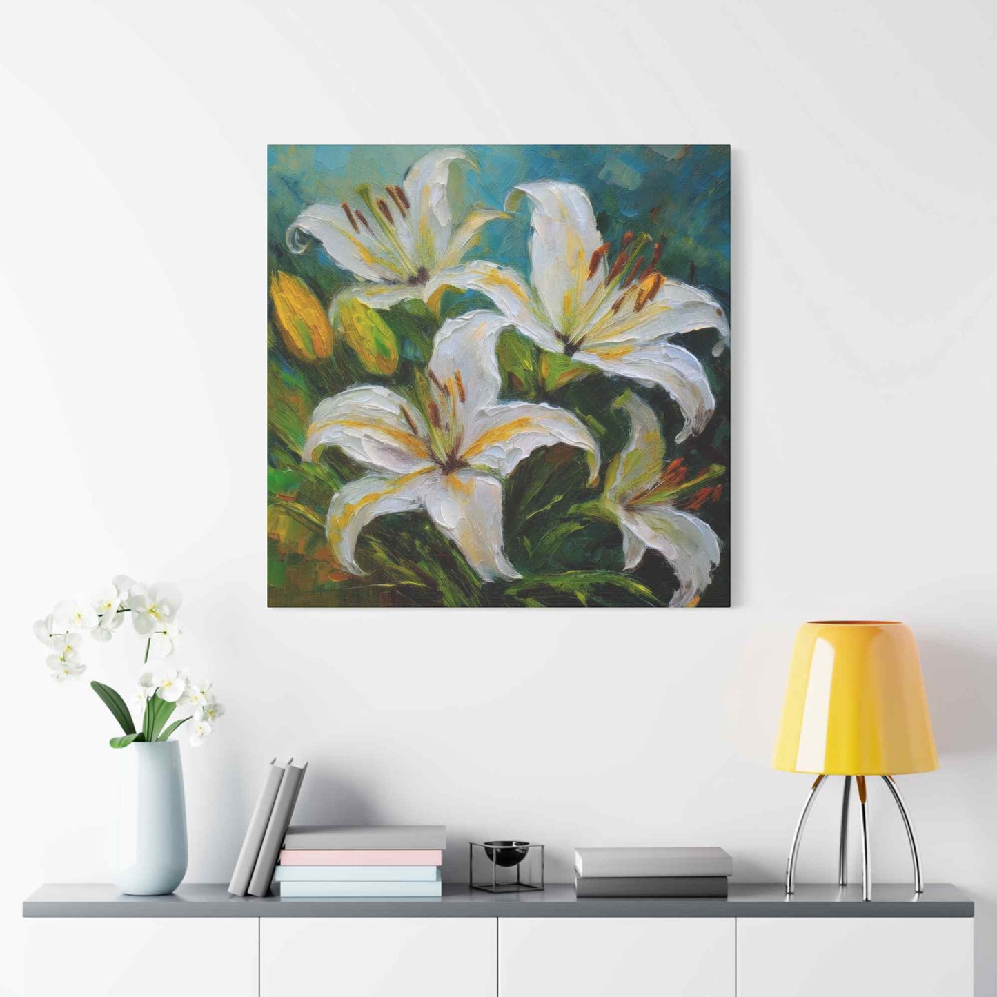 White Lilies Print Canvas, Floral Oil Paint Print 20x20, 24x24, 30x30, 32x32, 36x36 Art Design Pine-Wood Inner Frame MC-153