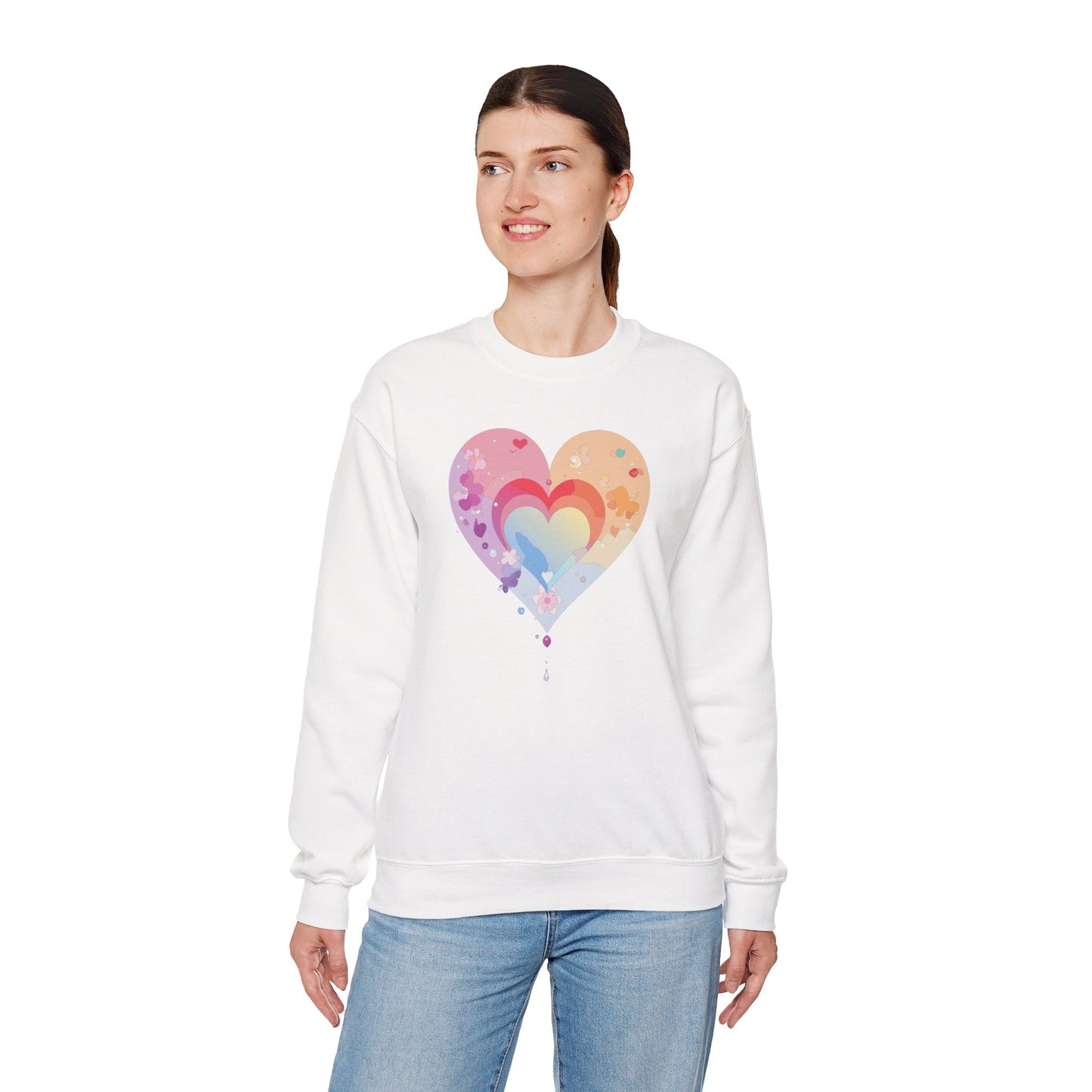 Rainbow Heart Floral Sweatshirt Unisex Valentines Day Gift Cozy Crewneck Sweatshirt