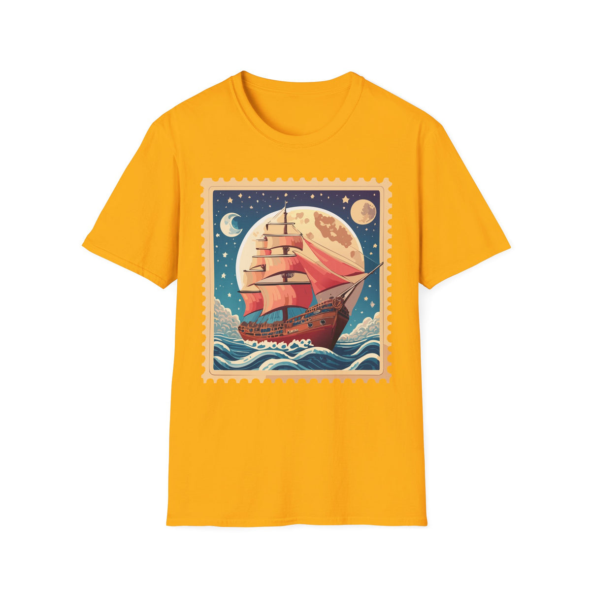 Vintage Sailing Ship Stamp T-Shirt | Moonlit Ocean Illustration