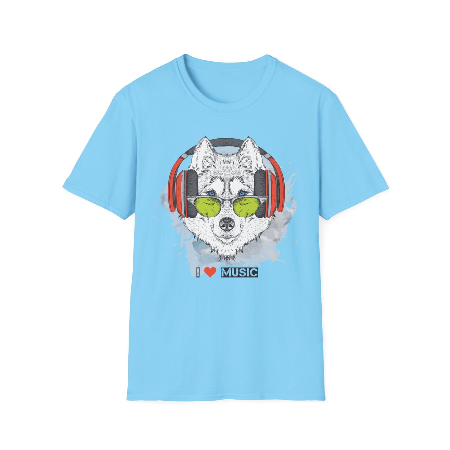 Wolf with Headphones T-Shirt Unisex Cotton Short Sleeves 'I  Music' Graphic Tee