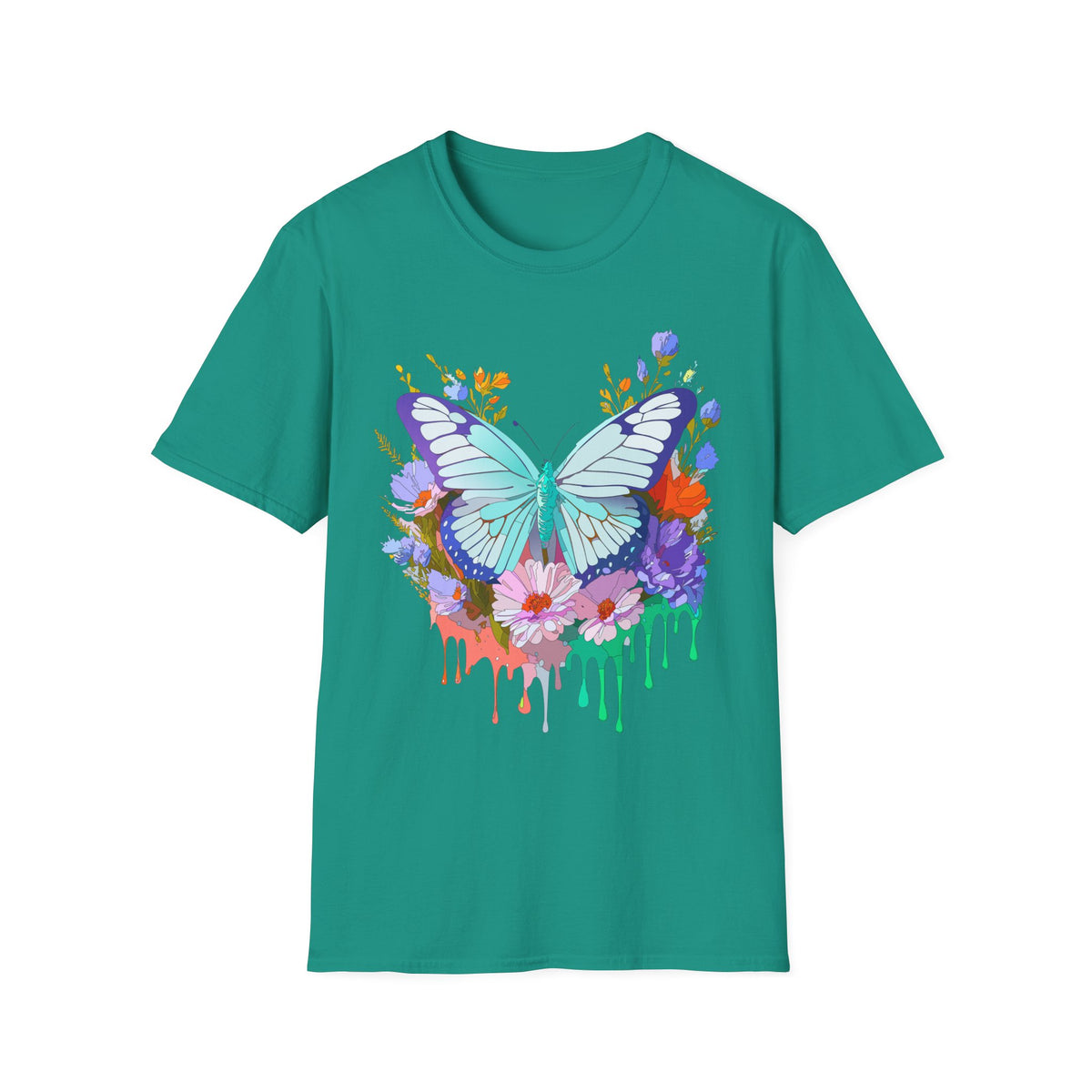 Butterfly Floral Drip T-Shirt — Teal Butterfly with Watercolor Flowers Graphic Tee Unisex 100 Cotton Gildan T-Shirt
