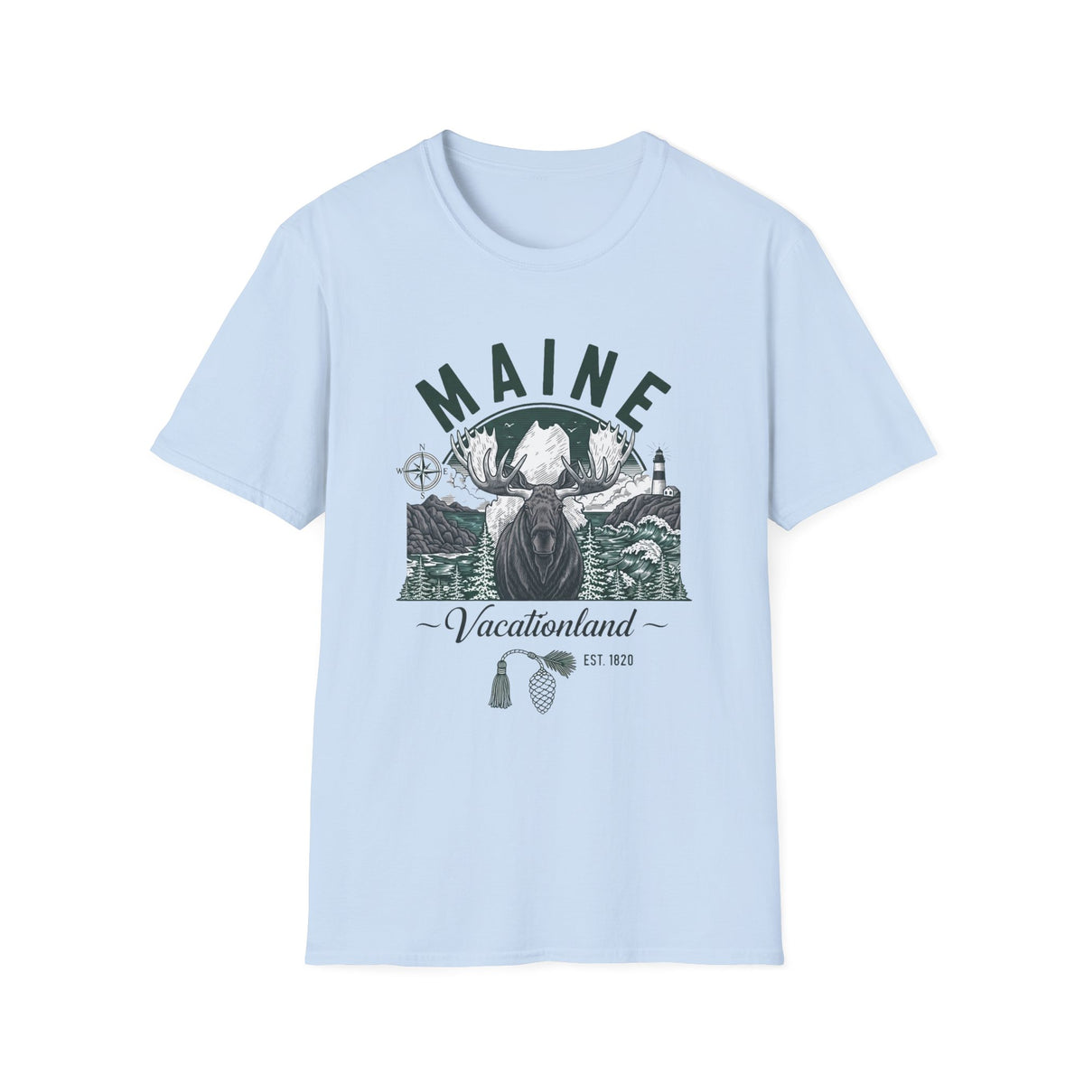 Maine Vacationland Moose T-Shirt — Rustic Coastal State Pride Tee Travel Tourist Graphic Design Unisex 100 Cotton Gildan T-Shirt