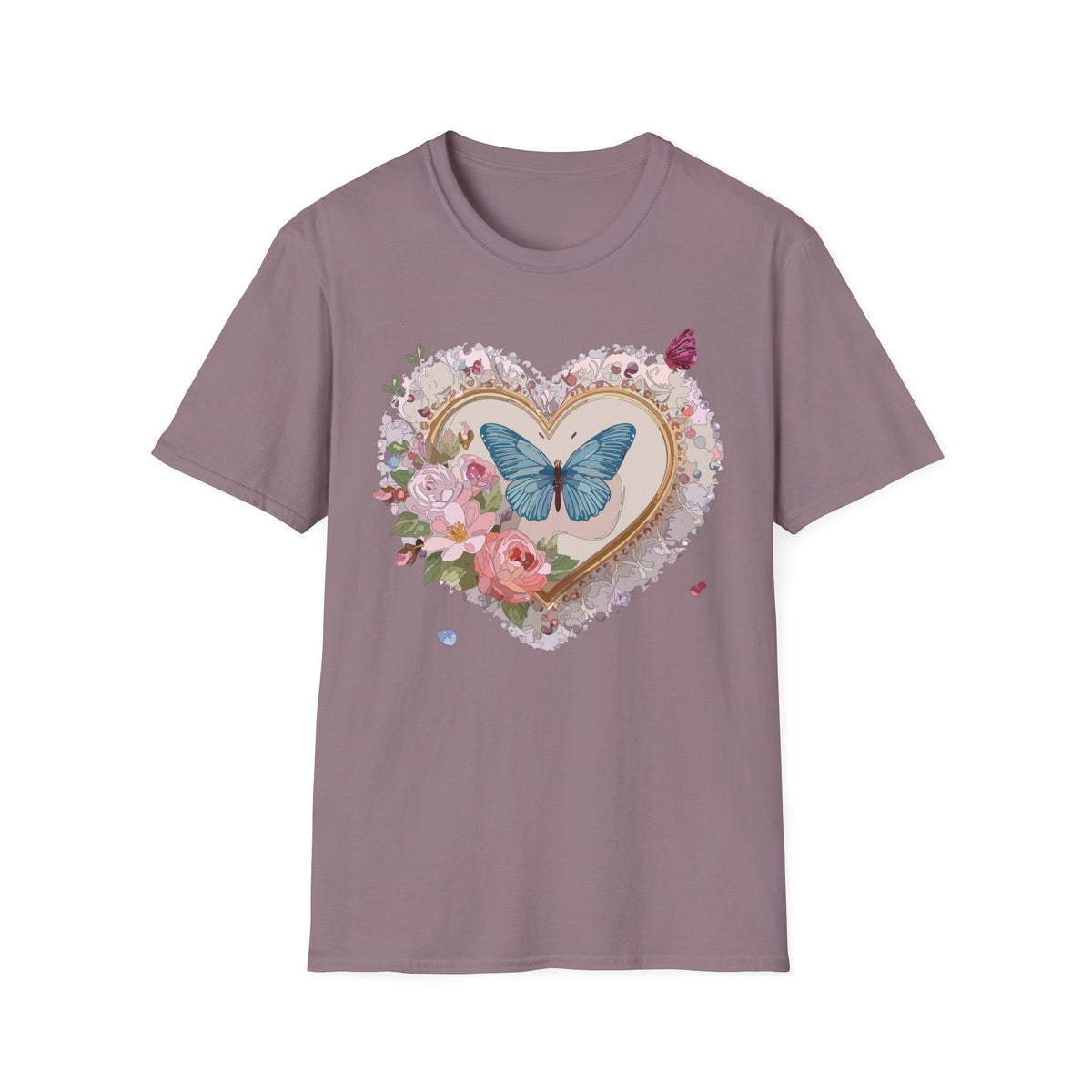 Butterfly Heart T-Shirt — Floral Blue Butterfly Graphic Tee Unisex 100 Cotton Gildan T-Shirt