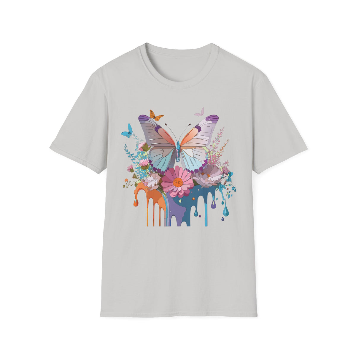 Butterfly Floral T-Shirt — Colorful Drip Art Garden Graphic Design Unisex 100 Cotton Gildan T-Shirt