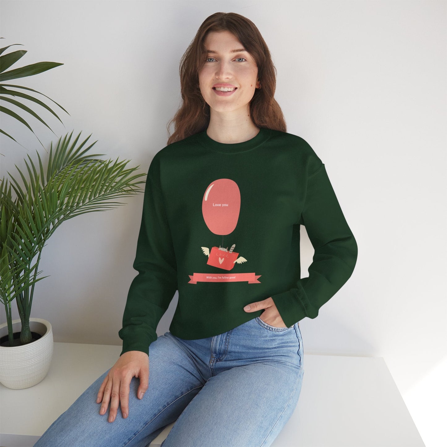Cat Love Balloon Sweatshirt Unisex Fifty Fifty Cotton Poly Valentine Heavy Blend Crewneck Sweatshirt