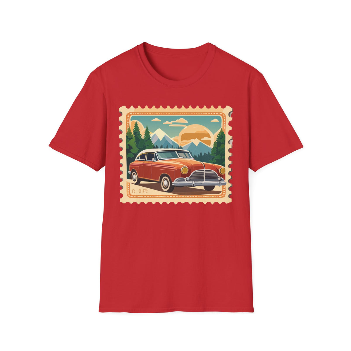 Vintage Road Trip Car T-Shirt | Retro Mountain Sunset Stamp Design