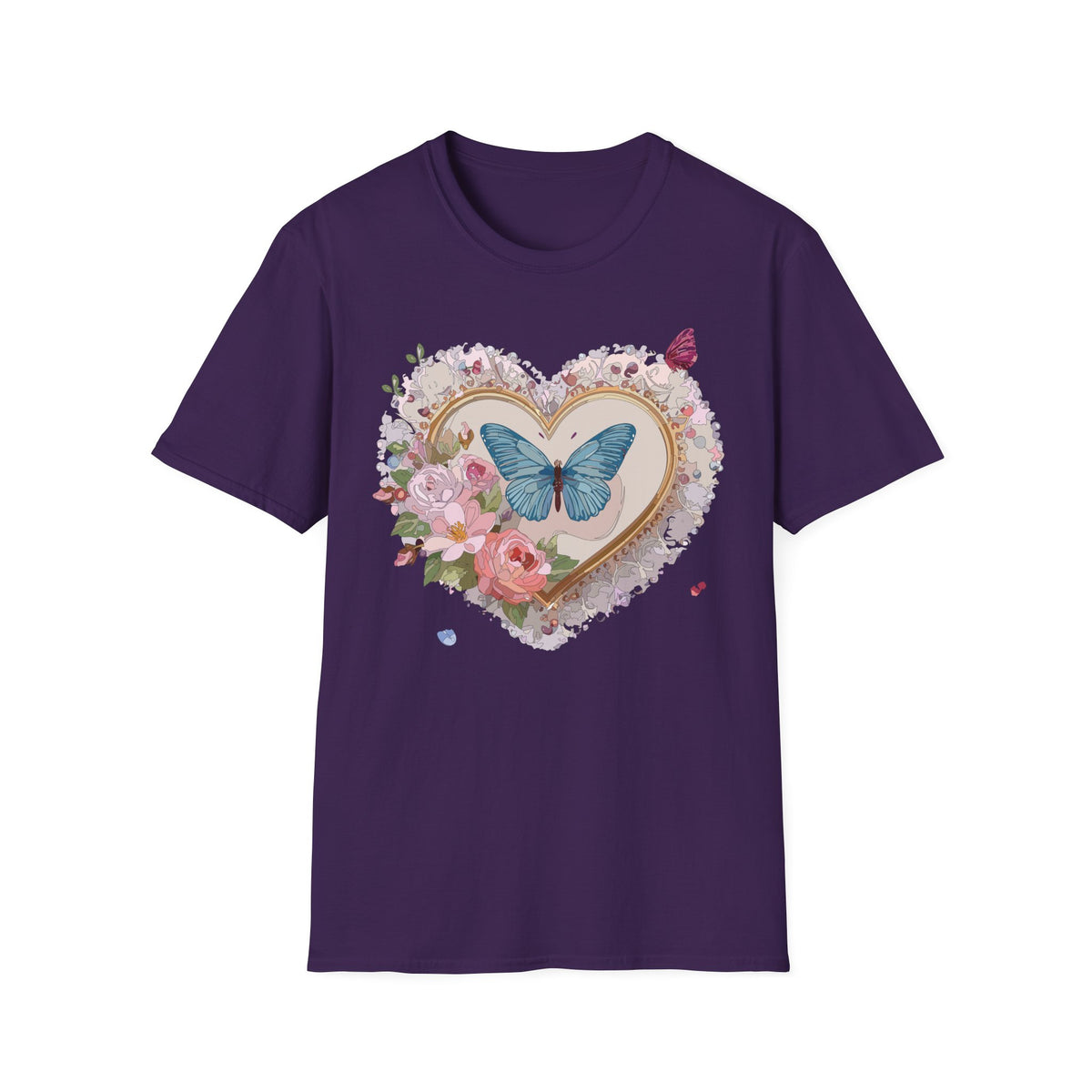 Butterfly Heart T-Shirt — Floral Blue Butterfly Graphic Tee Unisex 100 Cotton Gildan T-Shirt