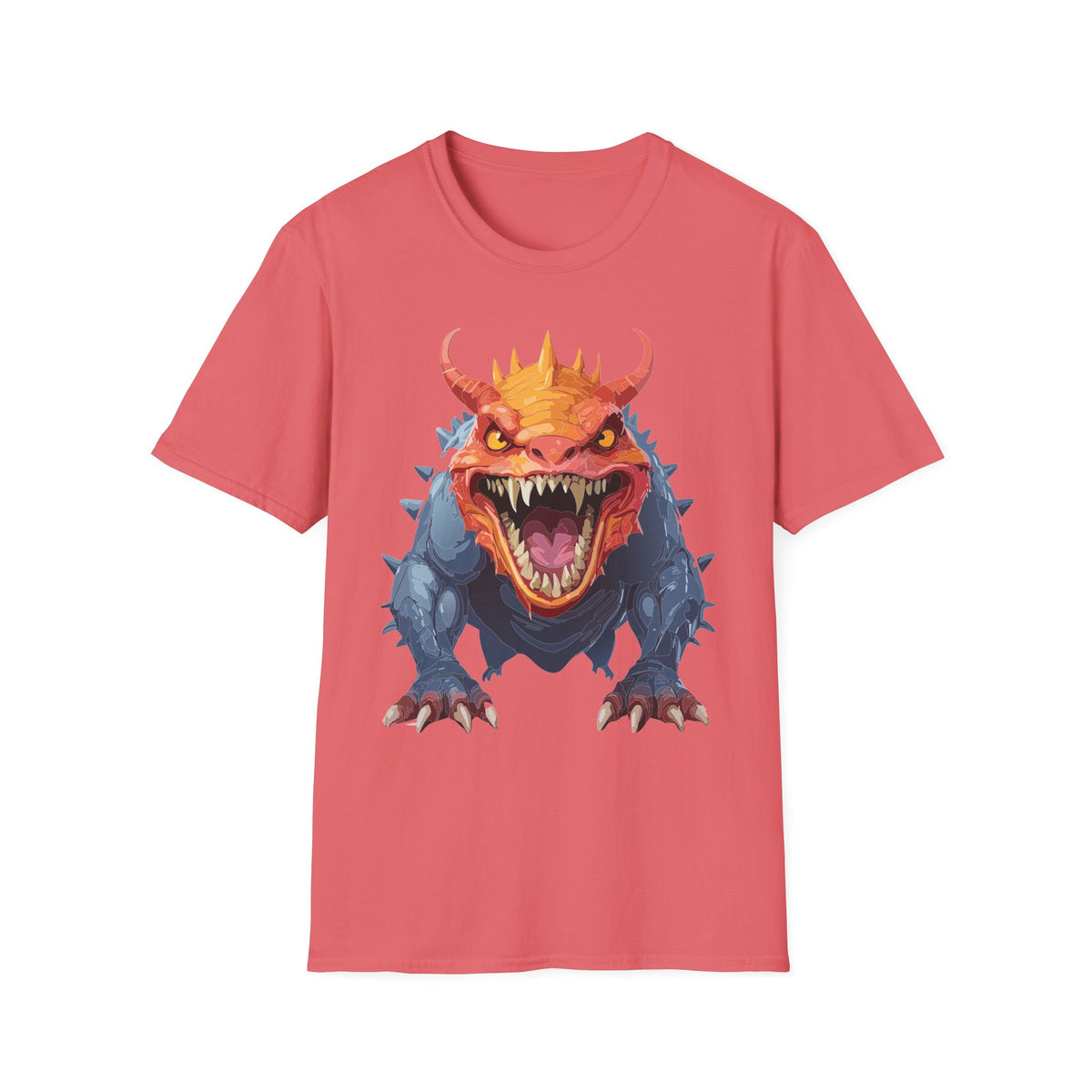 Dragon Monster T-Shirt — Fierce Orange & Blue Fantasy Creature Cartoon Graphic Tee Unisex 100 Cotton Gildan T-Shirt