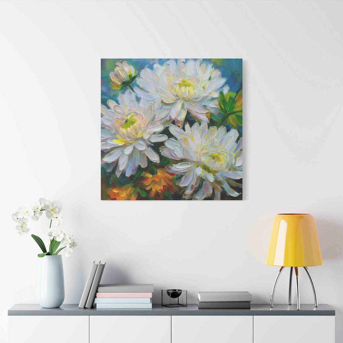 Chrysanthemums Print Canvas, Floral Oil Paint Print 20x20, 24x24, 30x30, 32x32, 36x36 Art Design Pine-Wood Inner Frame MC-161