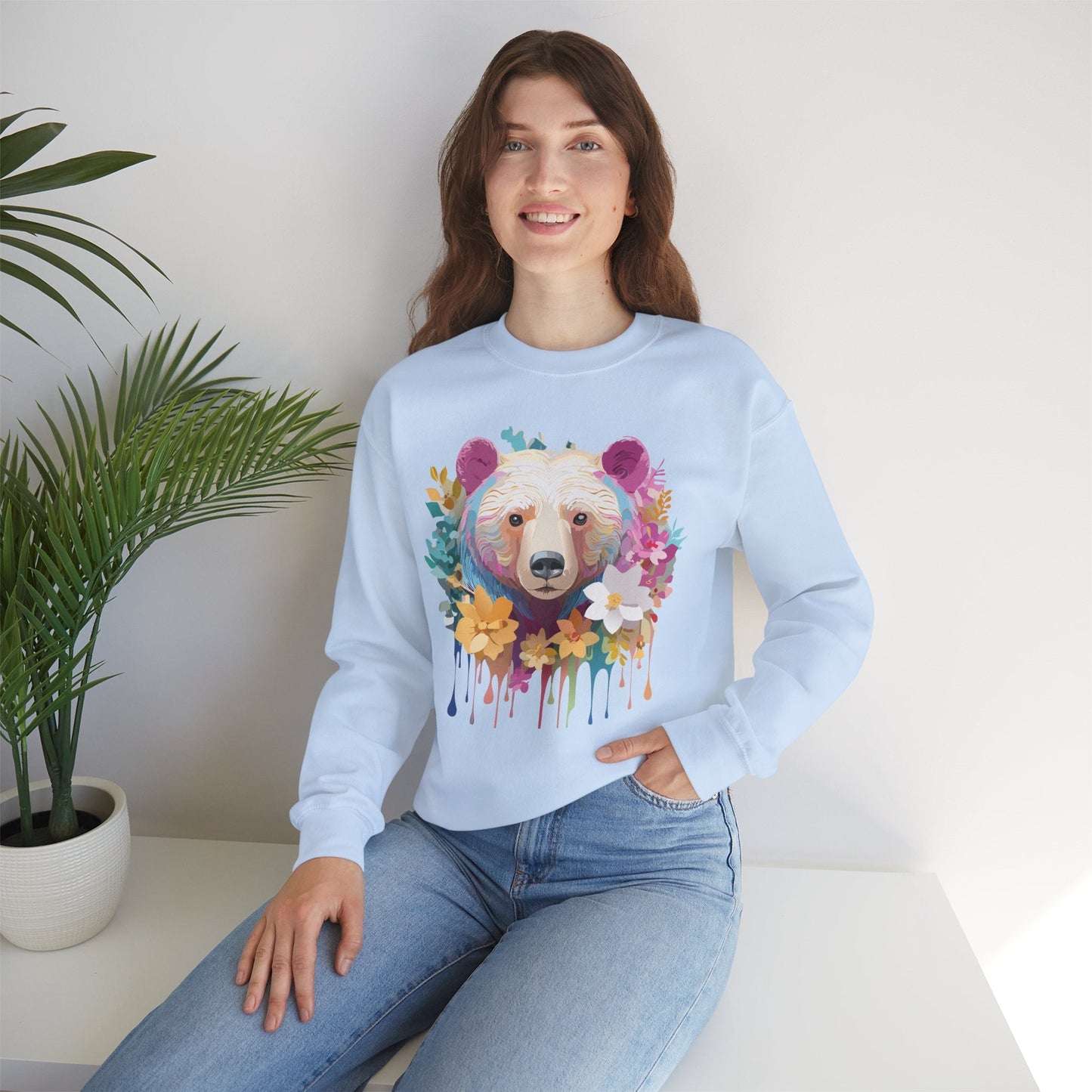 Unisex Floral Bear Sweatshirt With Art Design Gildan 18000 Crewneck
